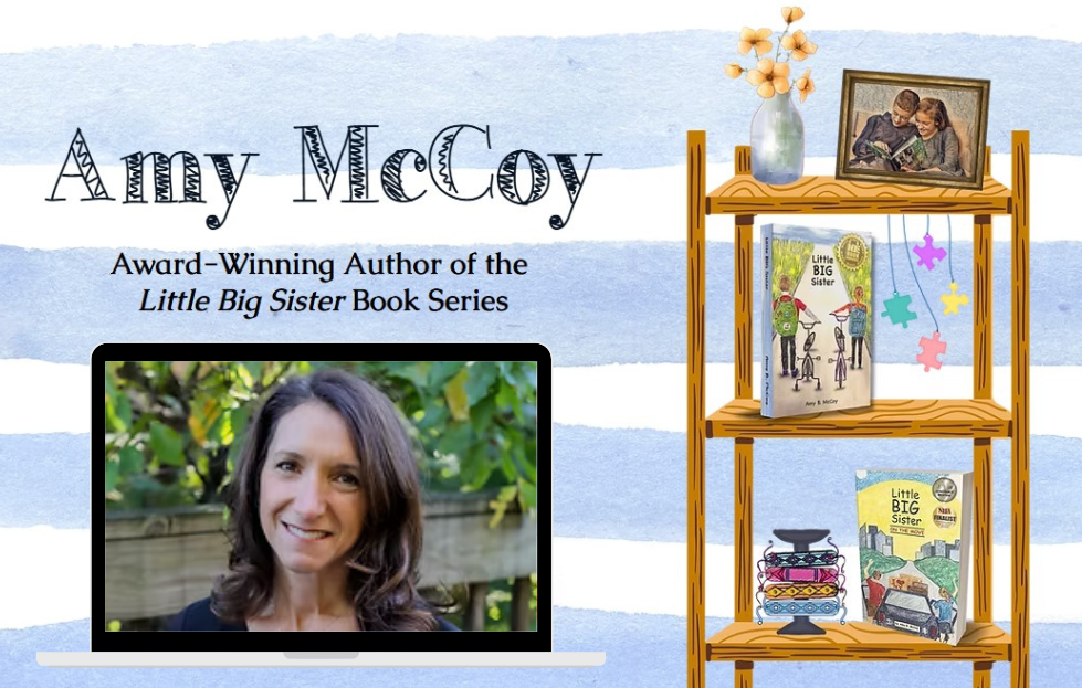 Graphic of Author Amy McCoy with her headshot displayed on a laptop aside a bookshelf with her books on it