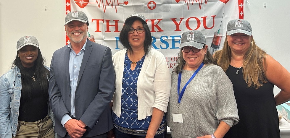 BCCS Nurse Luncheon 1 | Brookville Center Residential Nurse Tyann Snape, left, Chief Operating Officer Chris O’Connor, Director of Nursing Denise Licata, Residential Nurse Manager Patricia Rooney, and Vice President of Health Services Nicole Ferrar pose for a photo