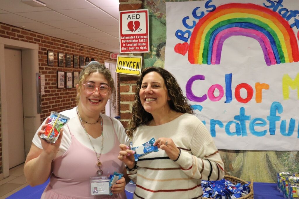 Two BCCS teachers show off the treats they received for Teacher Appreciation Week 