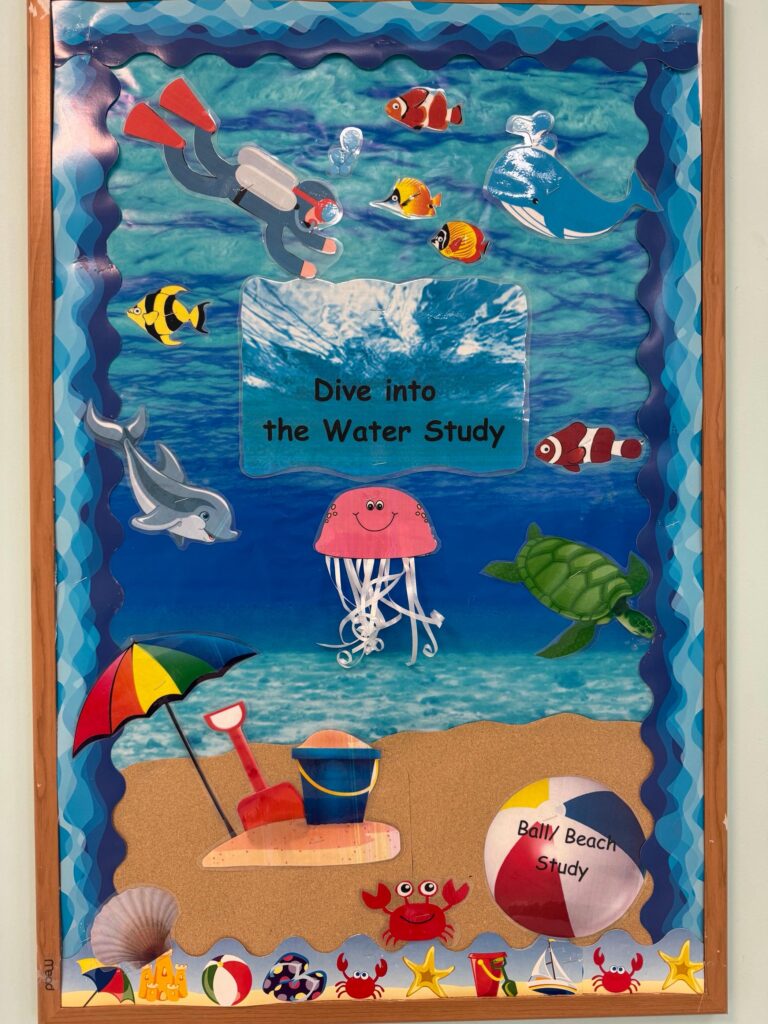A board with sea creatures that reads "Dive Into the Water Study"